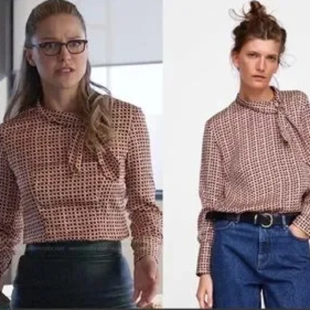 Zara Geometric Polka Dot Tie Bow Blouse Tan size XS